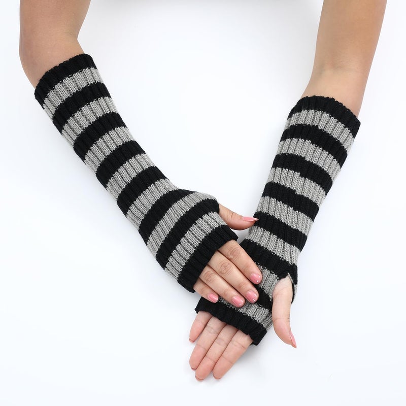 Sumleno Y2k Striped Arm Warmers Long Fingerless Knitted Gloves Punk Gothic Alt Emo Scene Cool Winter Arm Sleeves Grunge Accessories - Image 4